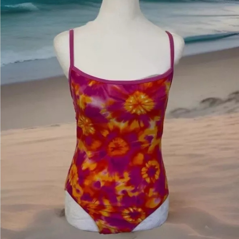 DANSKIN NOW Swimsuit Bathing Suit One-Piece Tie Dye Pink Orange Padded Cups M